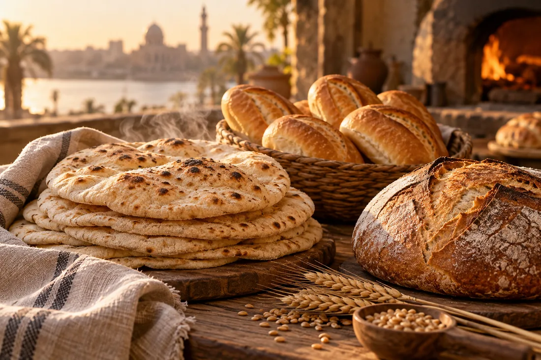 مخبوزات مصرية طازة على ترابيزة خشب في إضاءة الصبح